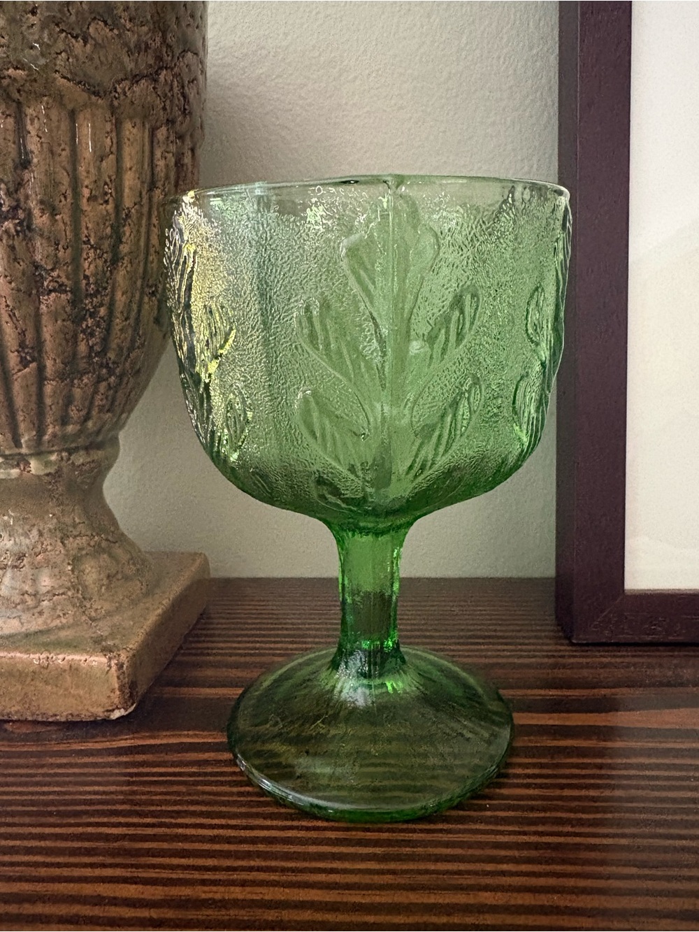 Vintage Green Pressed Glass Botanical Goblet 6.5”